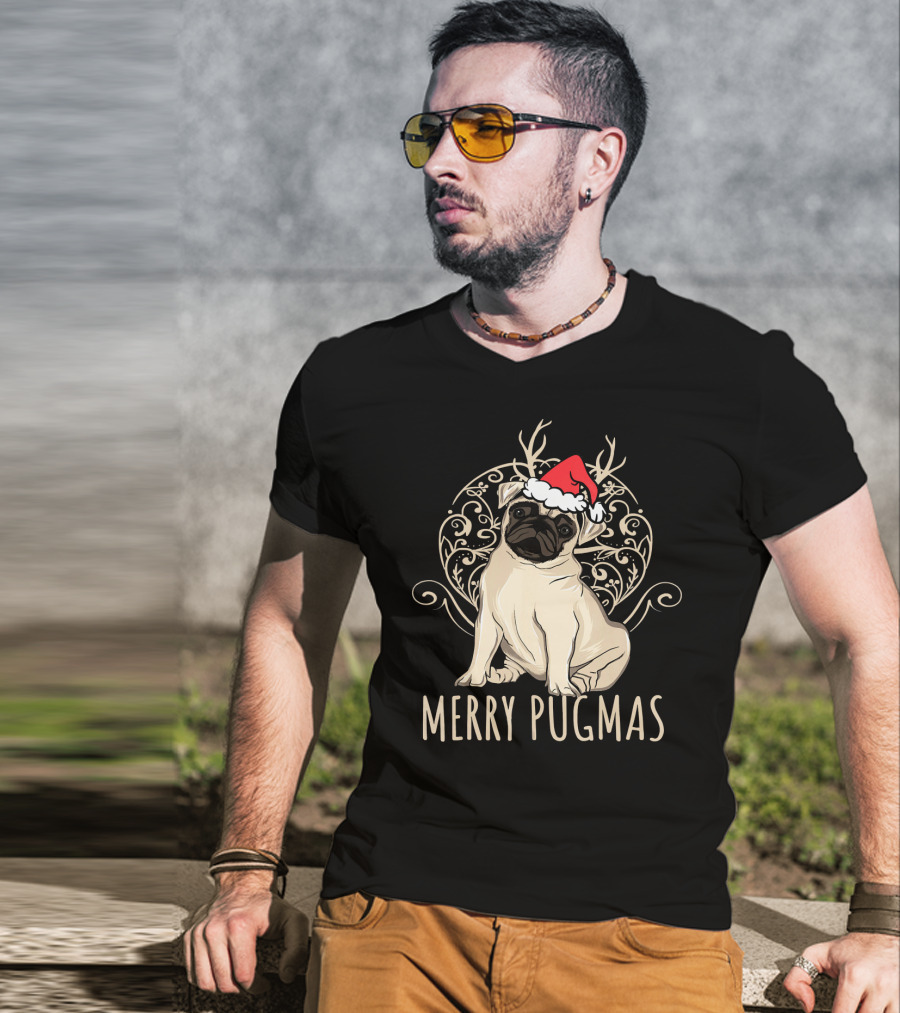 Merry Pugmas Funny Pug With Santa Hat And Antlers T-Shirt