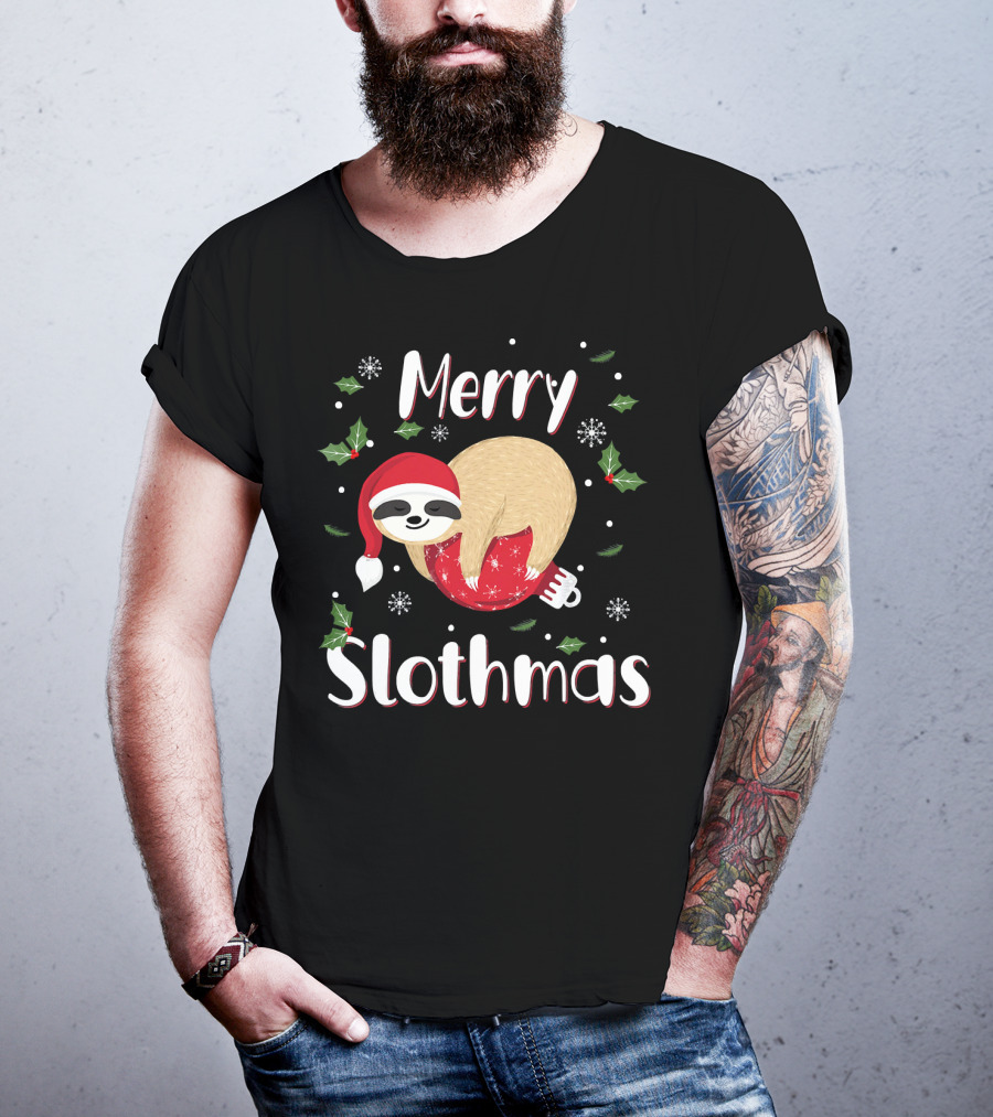 Merry Slothmas Christmas Sloth Holiday Festive Santa Hat Snowflakes T-Shirt