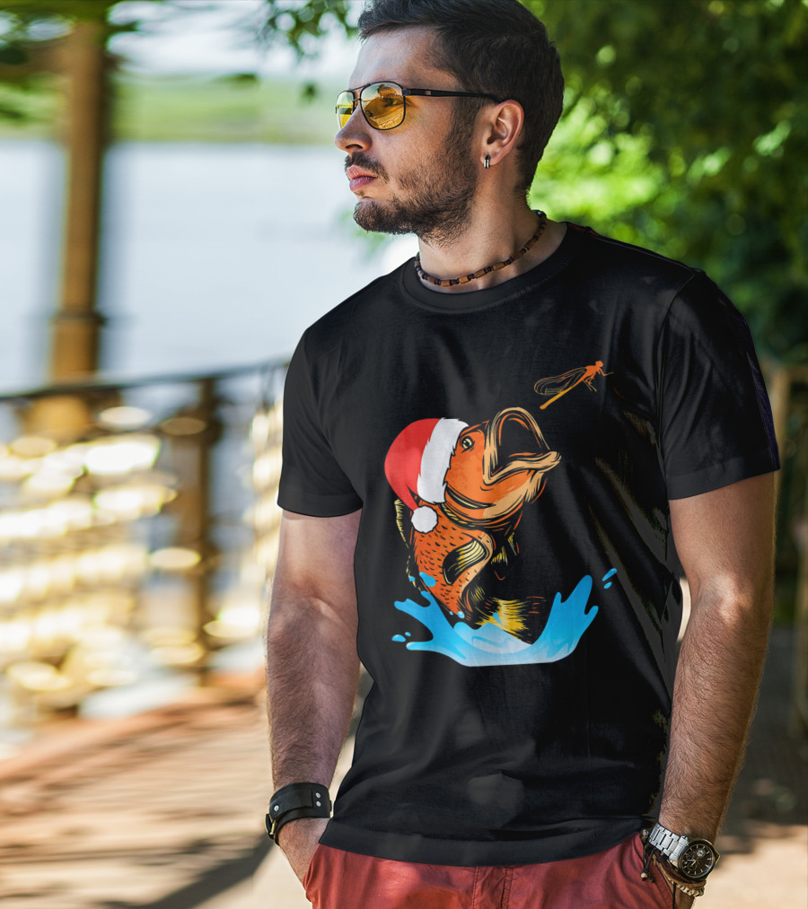 Bass Fishing Santa Hat Splashing Christmas Fish T-Shirt