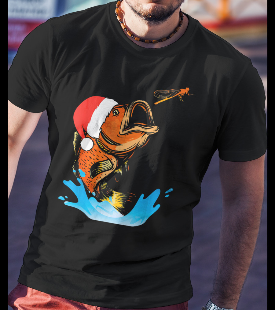 Bass Fishing Santa Hat Splashing Christmas Fish T-Shirt