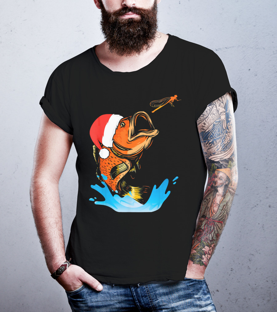 Bass Fishing Santa Hat Splashing Christmas Fish T-Shirt