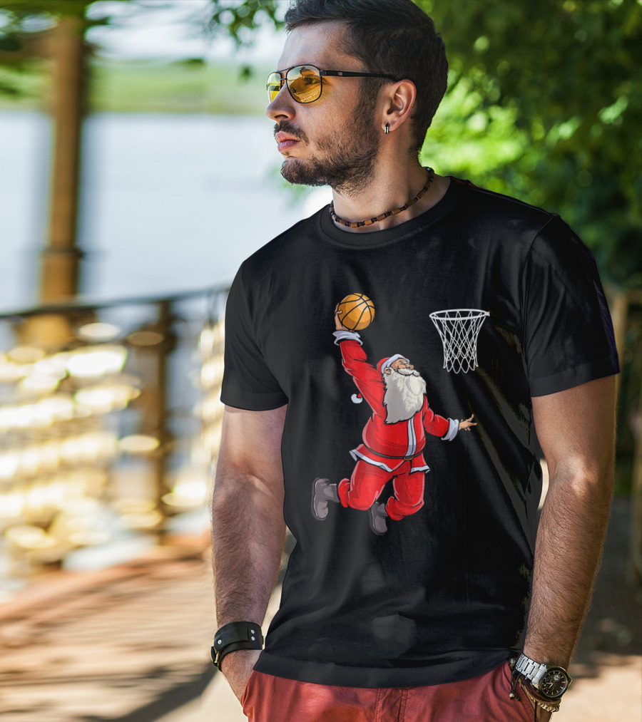 Santa Slam Dunk With Basketball T-Shirt