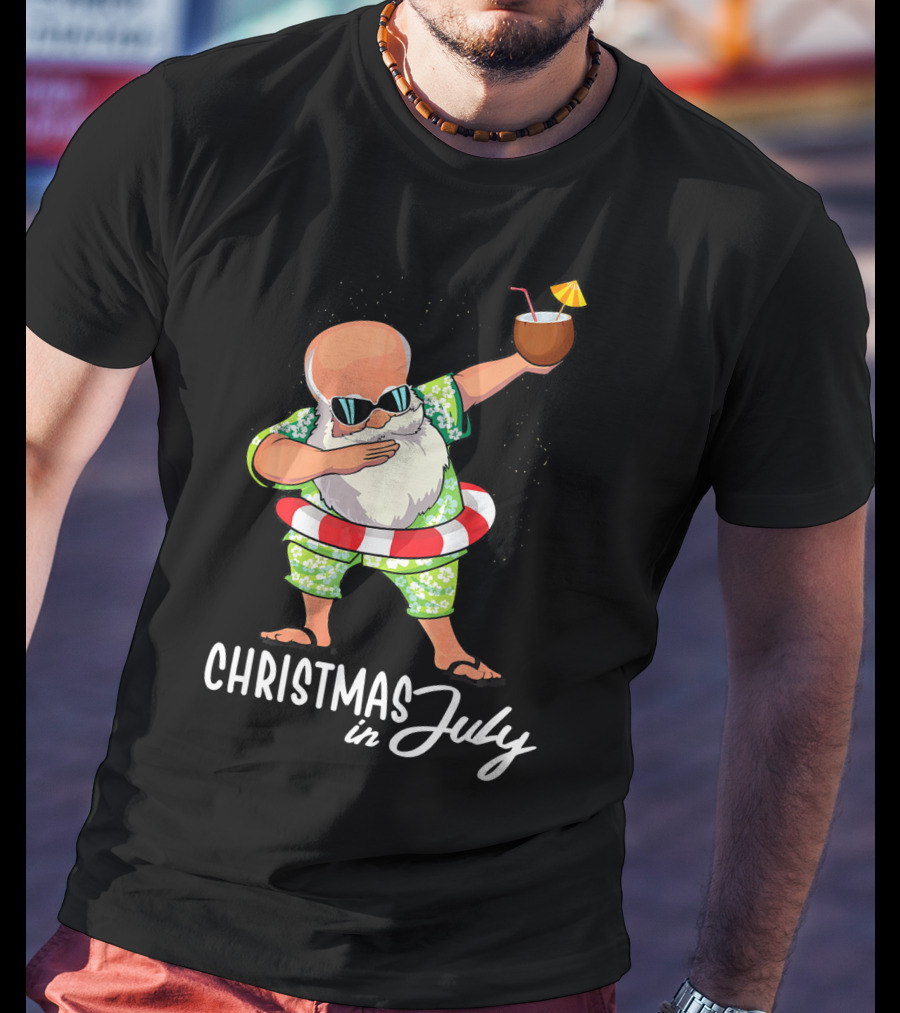 Dabbing Santa Christmas In July Coconut Drink Sunglasses Summer Fun T-Shirt
