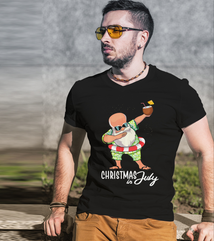 Dabbing Santa Christmas In July Coconut Drink Sunglasses Summer Fun T-Shirt