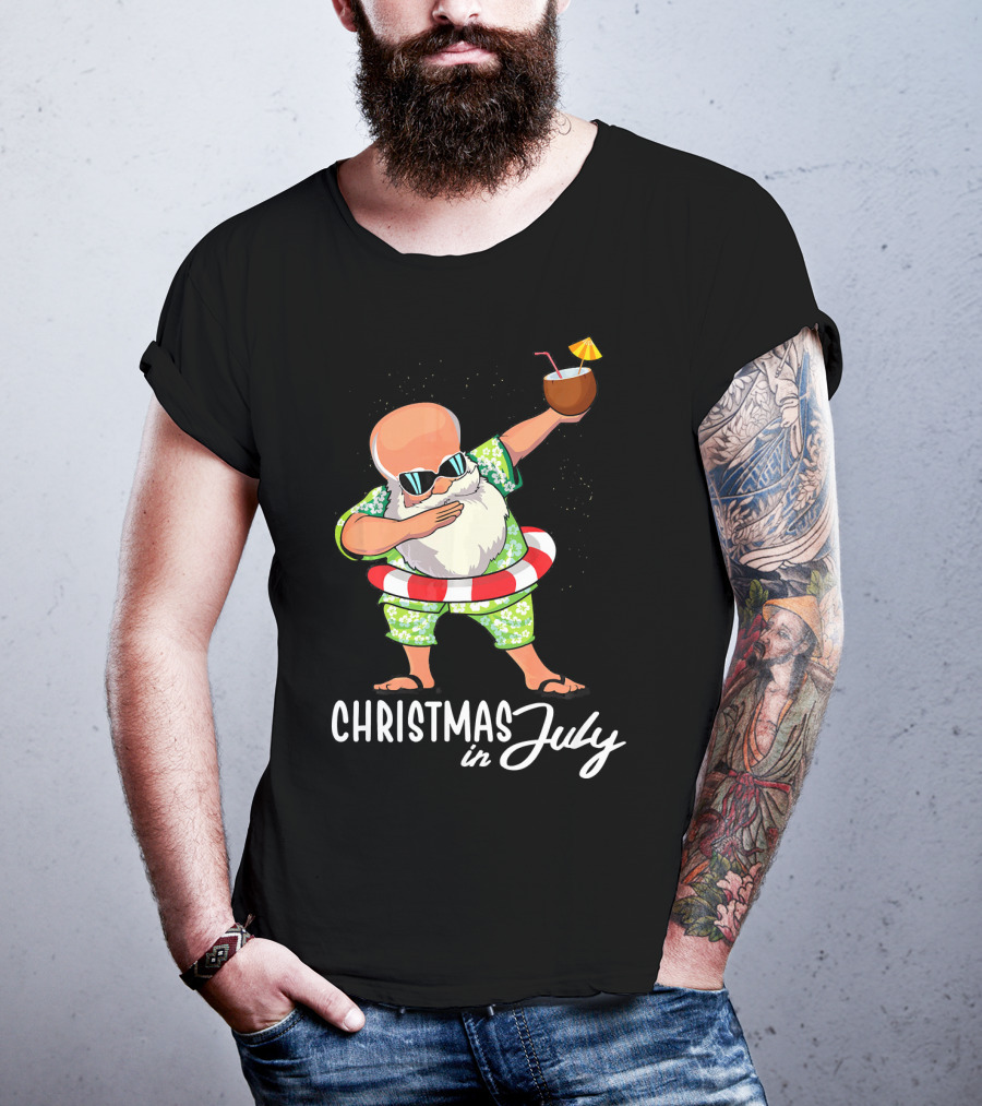 Dabbing Santa Christmas In July Coconut Drink Sunglasses Summer Fun T-Shirt
