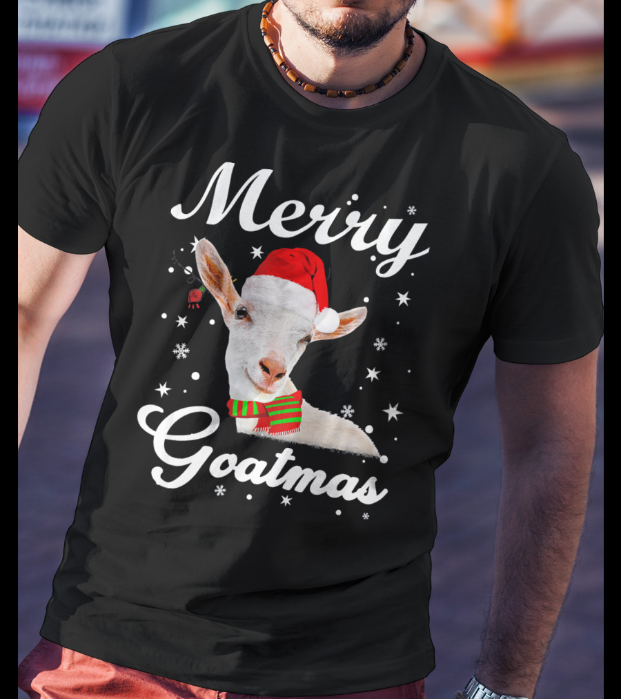 Merry Goatmas Santa Hat Snowflakes Festive Goat T-Shirt