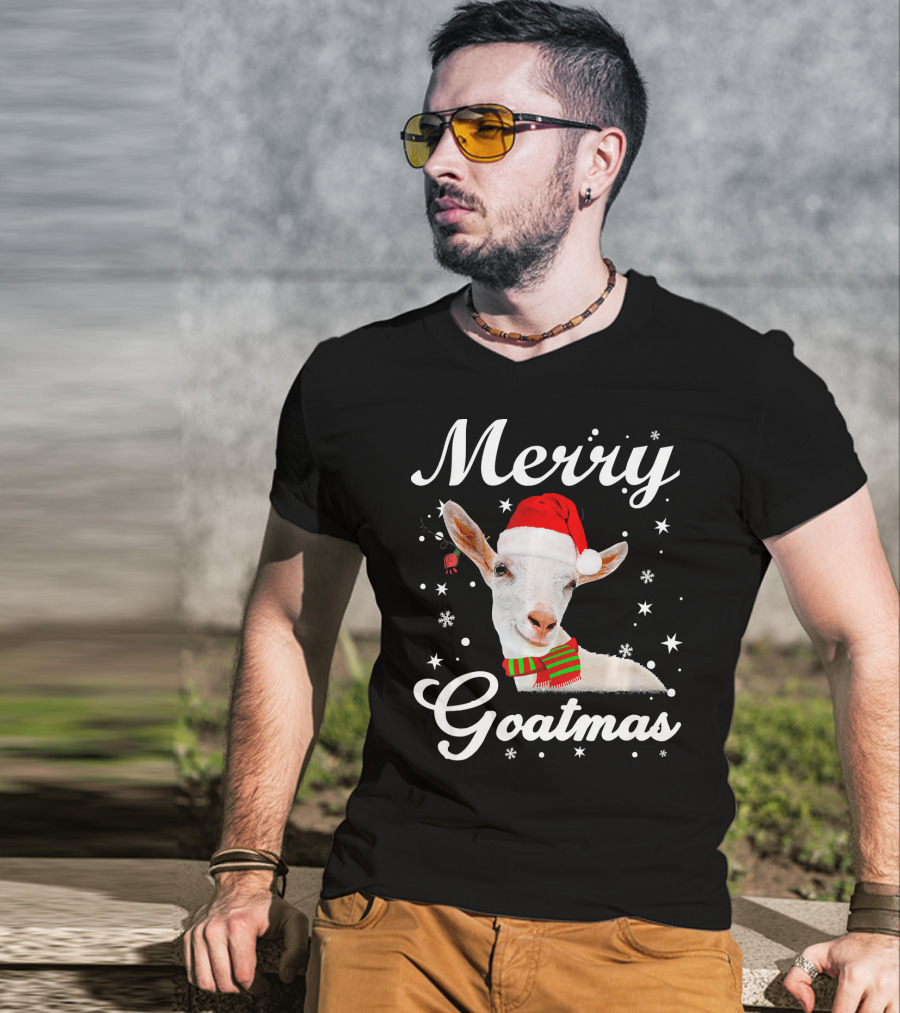 Merry Goatmas Santa Hat Snowflakes Festive Goat T-Shirt
