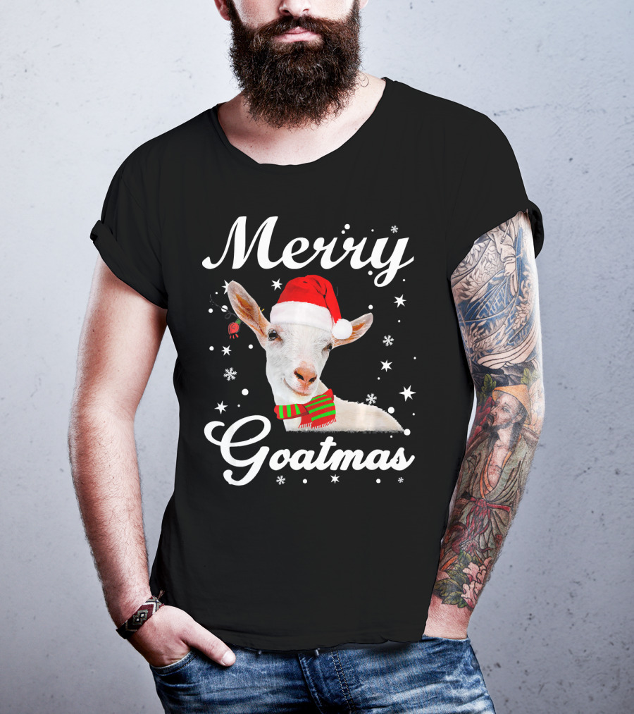 Merry Goatmas Santa Hat Snowflakes Festive Goat T-Shirt