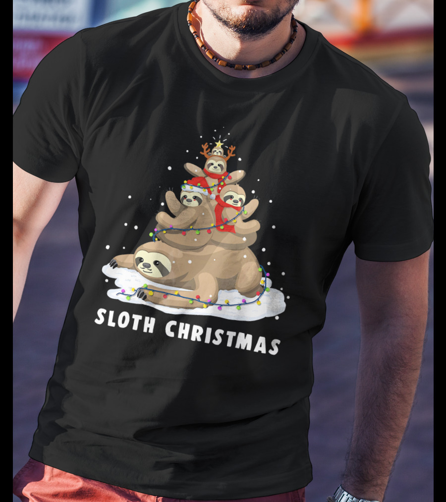 Sloth Christmas Tree With Reindeer And Santa Hats T-Shirt