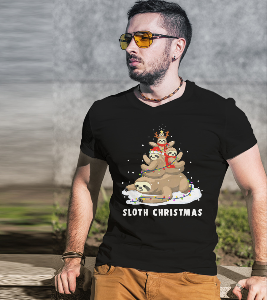 Sloth Christmas Tree With Reindeer And Santa Hats T-Shirt