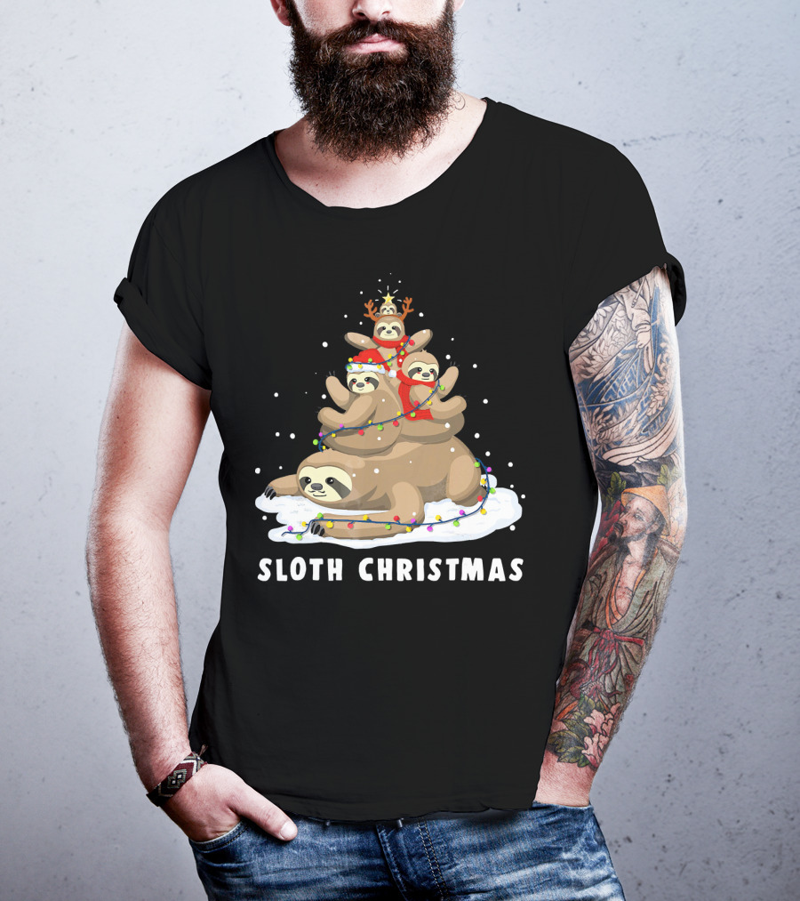 Sloth Christmas Tree With Reindeer And Santa Hats T-Shirt