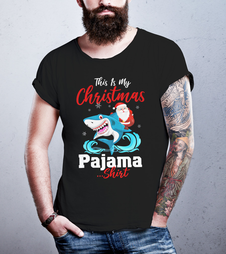 This Is My Christmas Pajama Shirt Santa Riding Shark T-Shirt