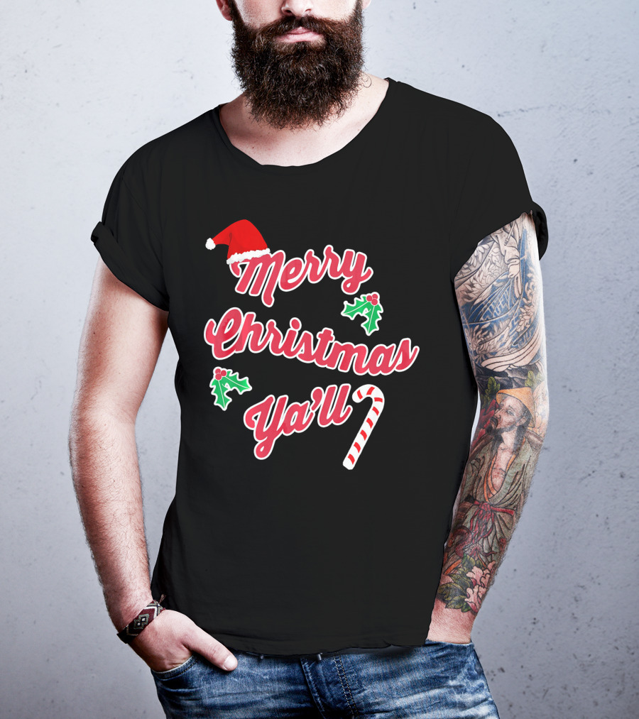 Merry Christmas Y'all Santa Hat Holly Candy Cane T-Shirt