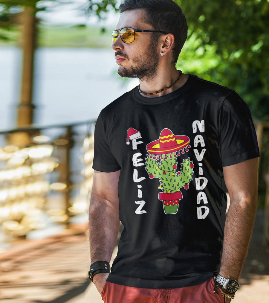 Feliz Navidad Cactus With Santa Hat And Sombrero Holiday Spirit T-Shirt