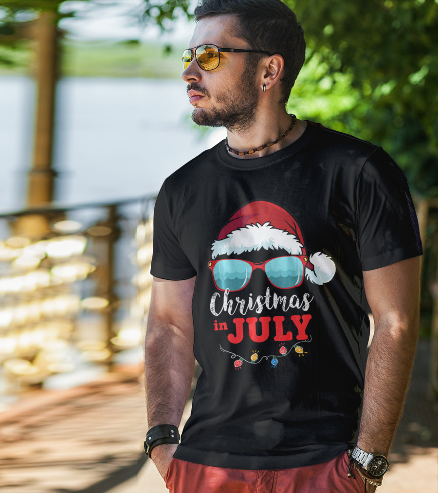 Santa Hat Sunglasses Christmas In July Holiday Lights T-Shirt