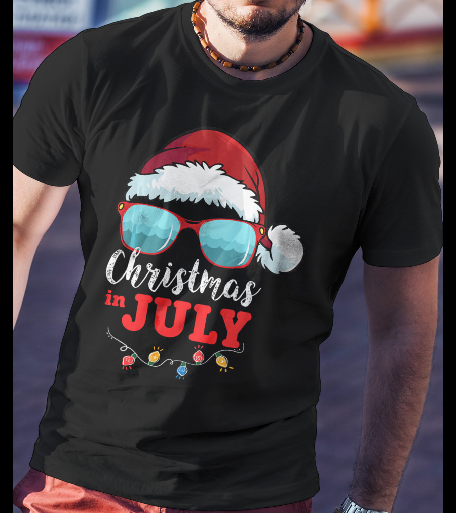 Santa Hat Sunglasses Christmas In July Holiday Lights T-Shirt