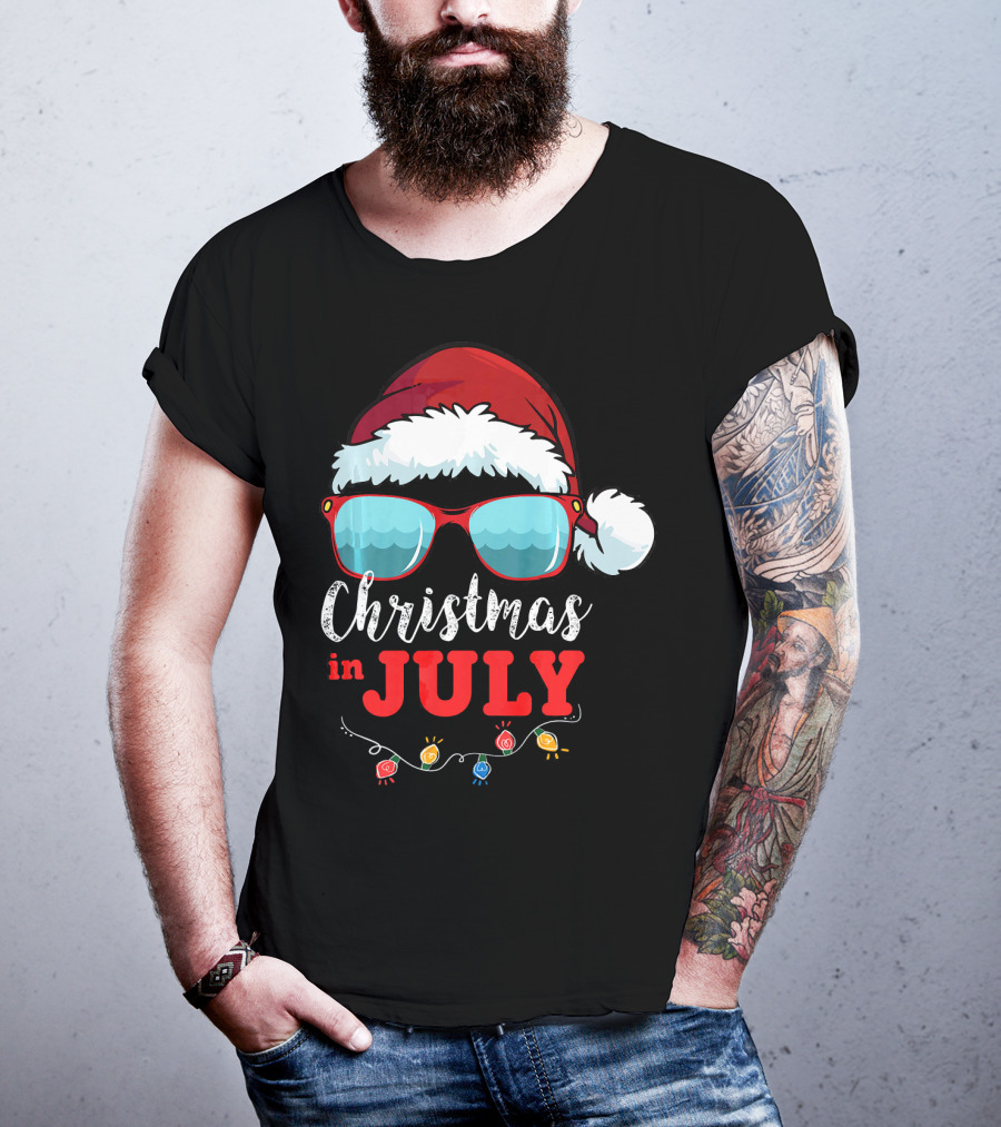 Santa Hat Sunglasses Christmas In July Holiday Lights T-Shirt