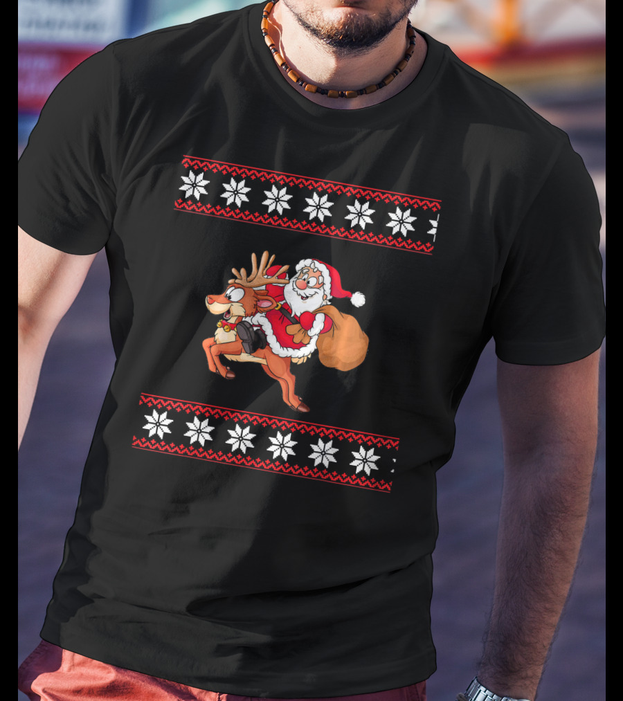 Christmas Santa Claus Riding Rudolph Reindeer Snowflake T-Shirt