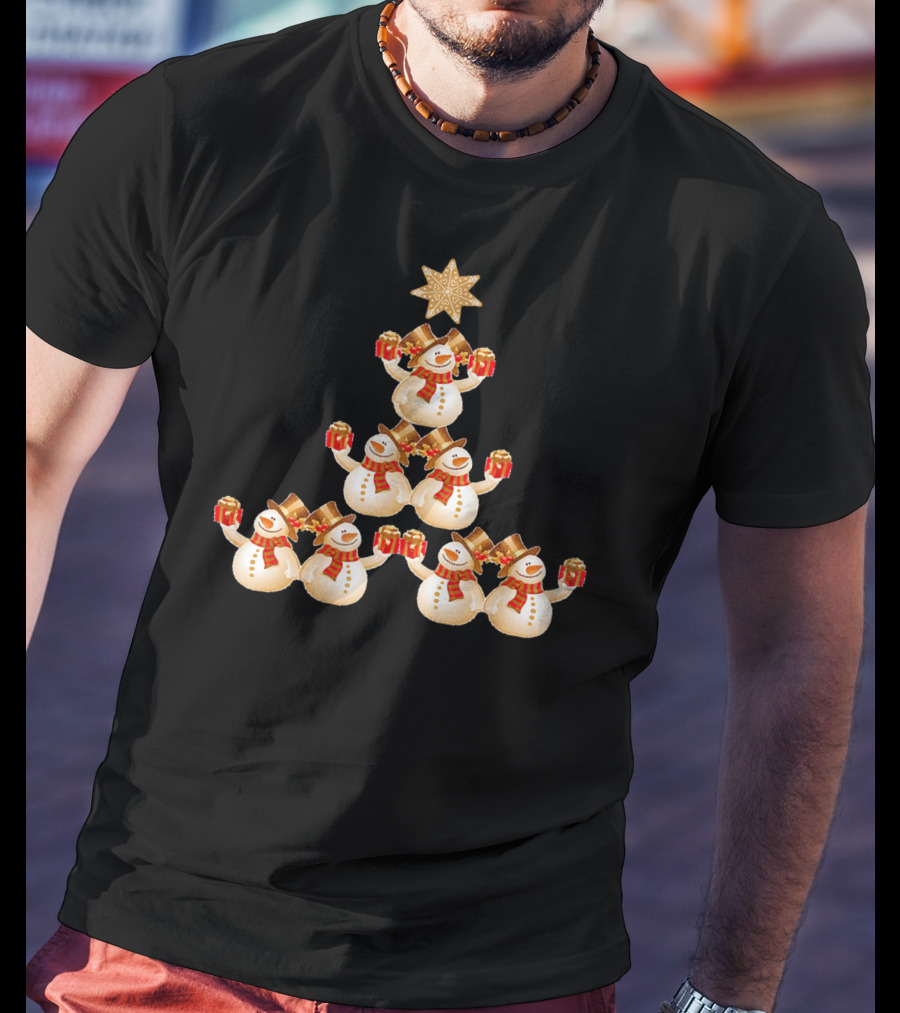 Snowman Pyramid Christmas Tree With Star And Red Gift Boxes T-Shirt