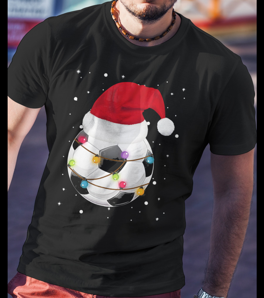 Santa Hat Soccer Ball Wrapped In Christmas Lights With Falling Snow T-Shirt