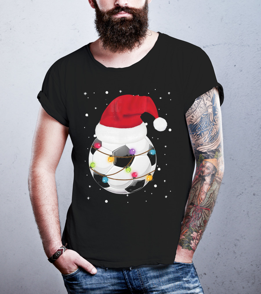 Santa Hat Soccer Ball Wrapped In Christmas Lights With Falling Snow T-Shirt