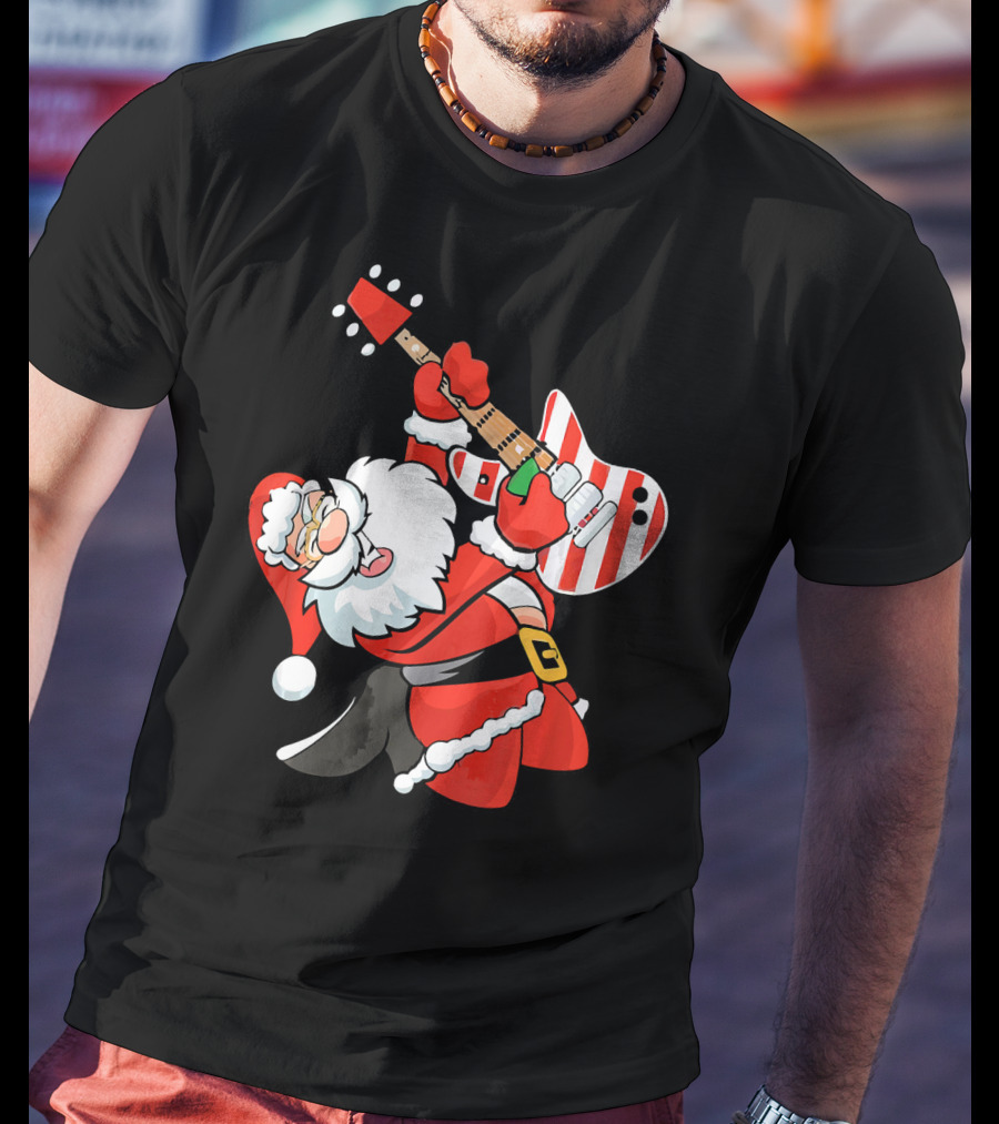 Santa Guitar Player Christmas Music Vintage Rock Holiday T-Shirt