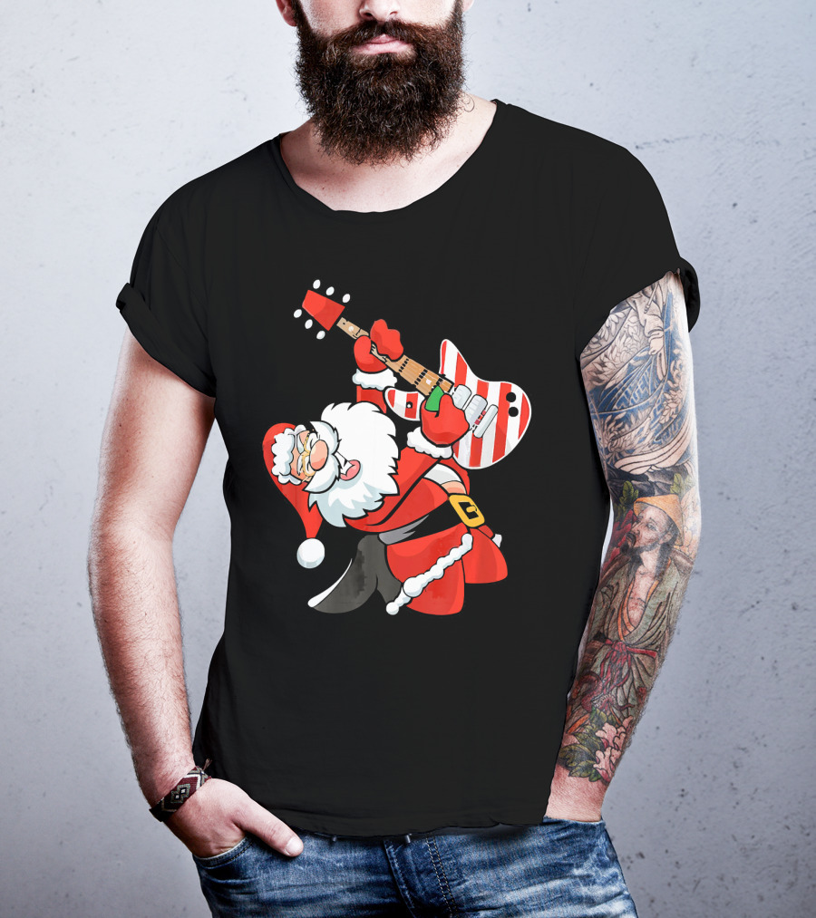 Santa Guitar Player Christmas Music Vintage Rock Holiday T-Shirt