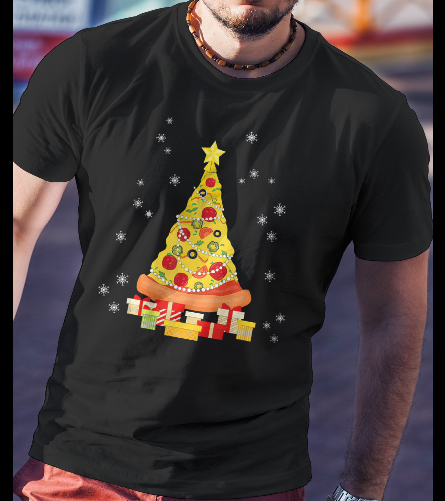 Christmas Tree Pizza With Snowflakes And Gifts T-Shirt