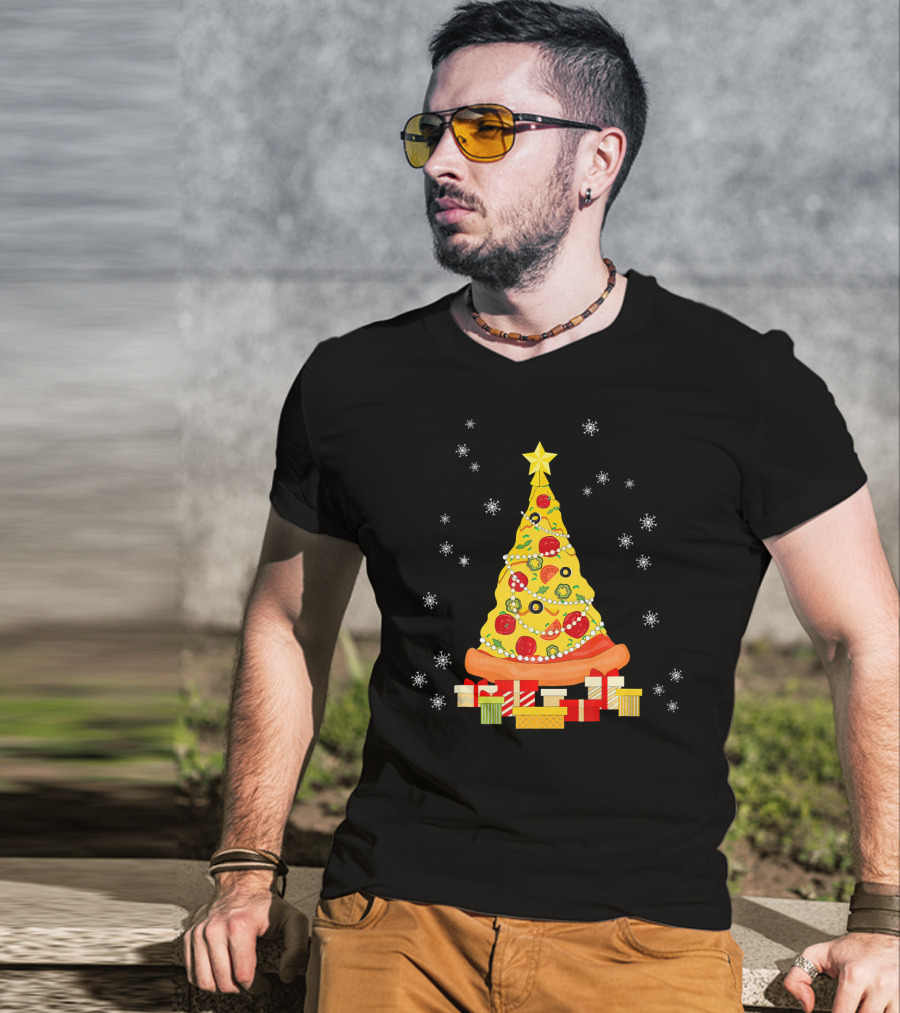 Christmas Tree Pizza With Snowflakes And Gifts T-Shirt