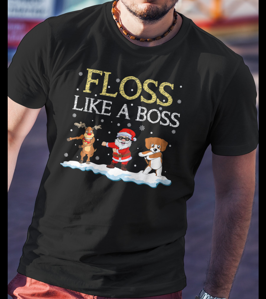 Floss Like A Boss Dancing Santa Beagle Reindeer Christmas T-Shirt