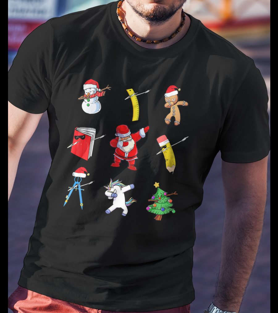 Funny Teacher Christmas Santa Dabbing Snowman Ruler Gingerbread Pencil Book Unicorn Tree T-Shirt