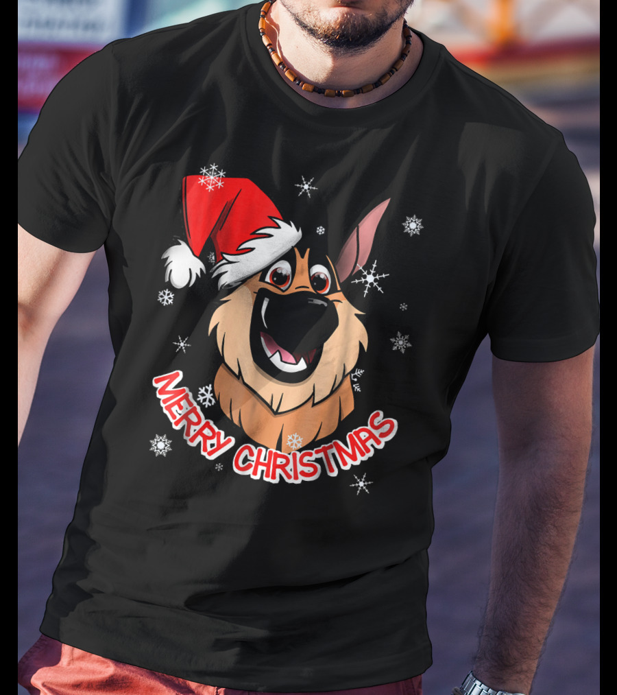 Merry Christmas GSD Smiling Santa Hat Snowflakes T-Shirt