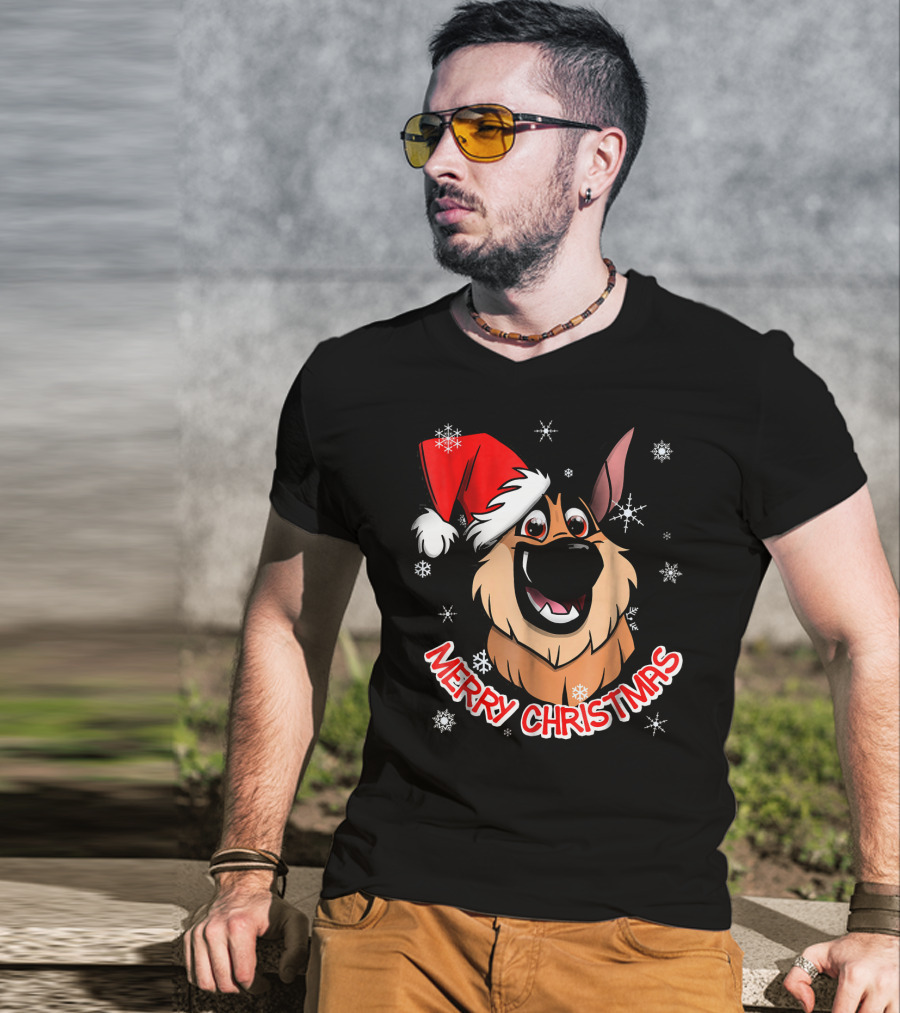 Merry Christmas GSD Smiling Santa Hat Snowflakes T-Shirt