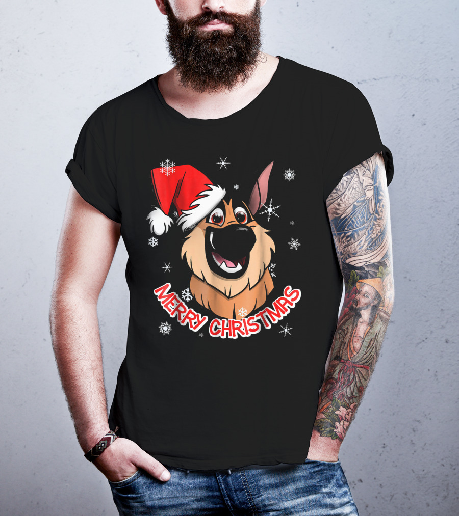 Merry Christmas GSD Smiling Santa Hat Snowflakes T-Shirt