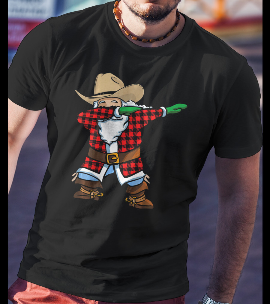 Santa Cowboy Christmas Dabbing Plaid T-Shirt