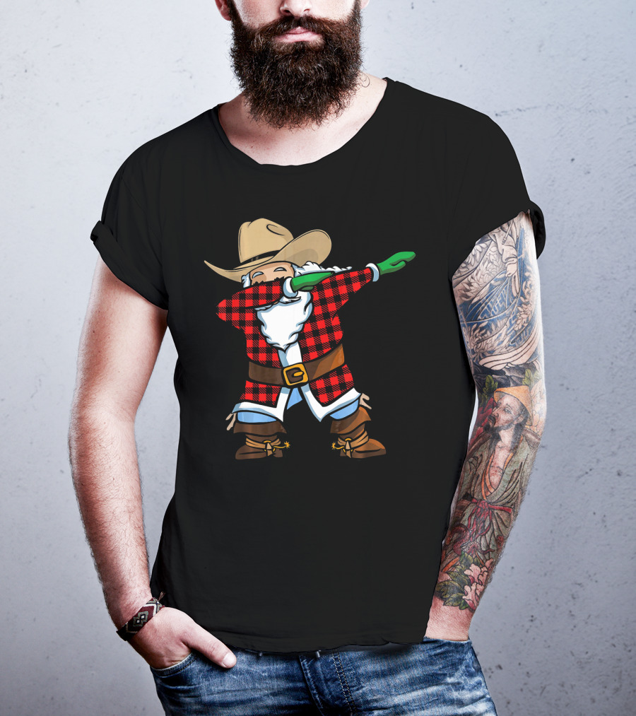 Santa Cowboy Christmas Dabbing Plaid T-Shirt