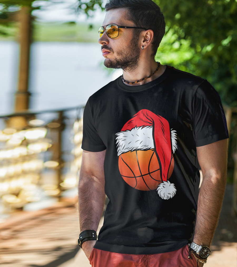 Christmas Santa Hat On Basketball Ball T-Shirt