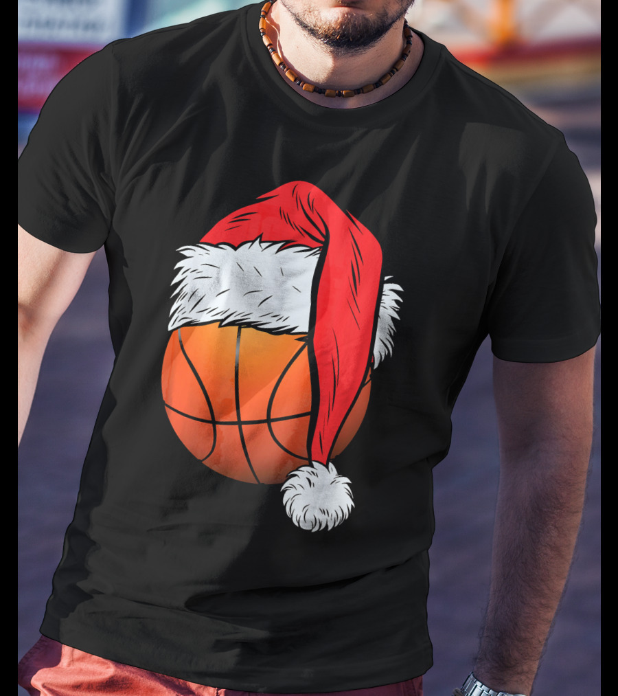 Christmas Santa Hat On Basketball Ball T-Shirt