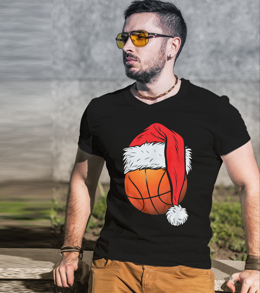 Christmas Santa Hat On Basketball Ball T-Shirt