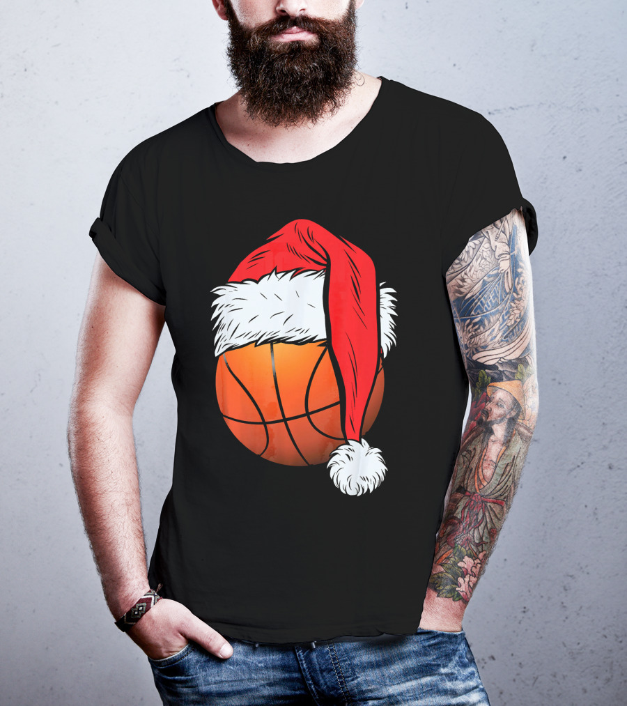 Christmas Santa Hat On Basketball Ball T-Shirt