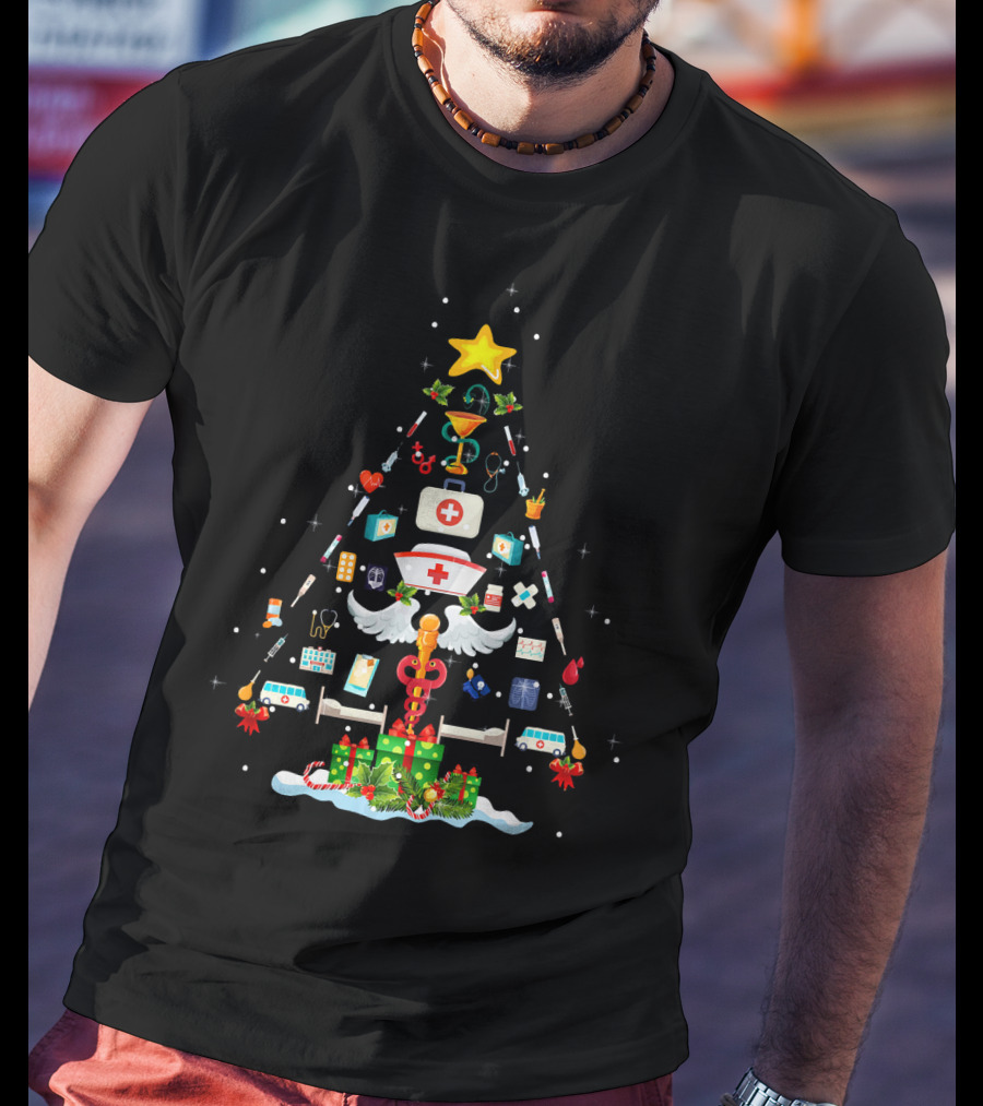 Funny Nurse Medical Christmas Tree With Syringes And Bandages T-Shirt