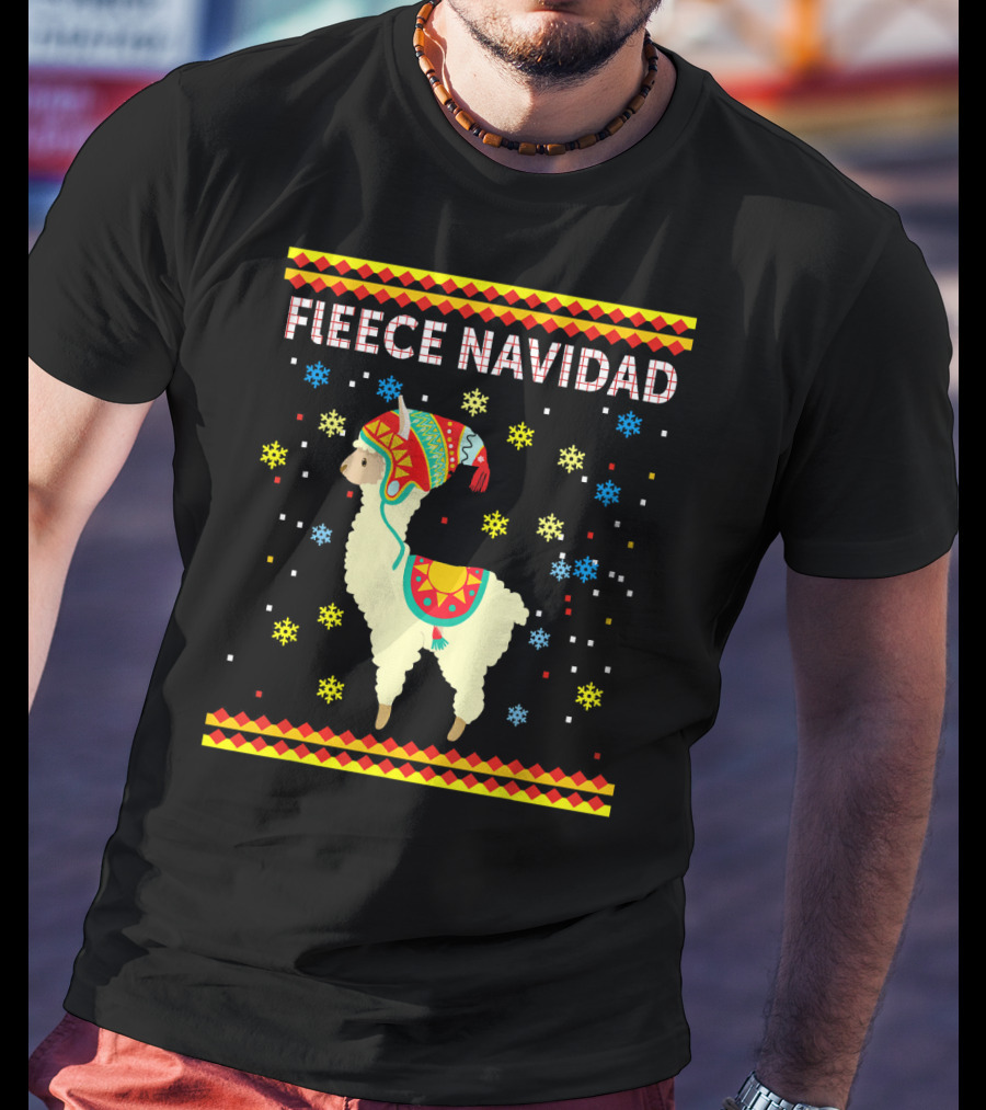 Fleece Navidad Cute Funny Llama With Colorful Winter Hat And Snowflakes T-Shirt