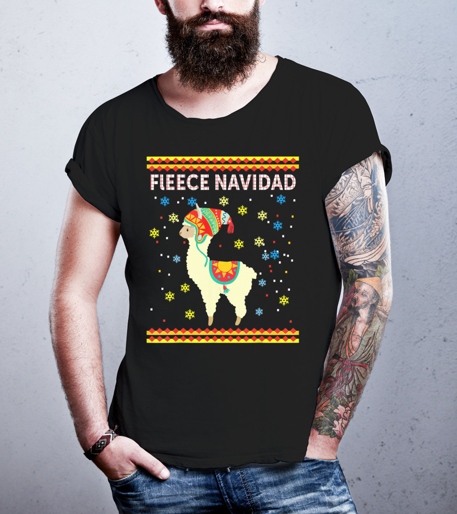 Fleece Navidad Cute Funny Llama With Colorful Winter Hat And Snowflakes T-Shirt