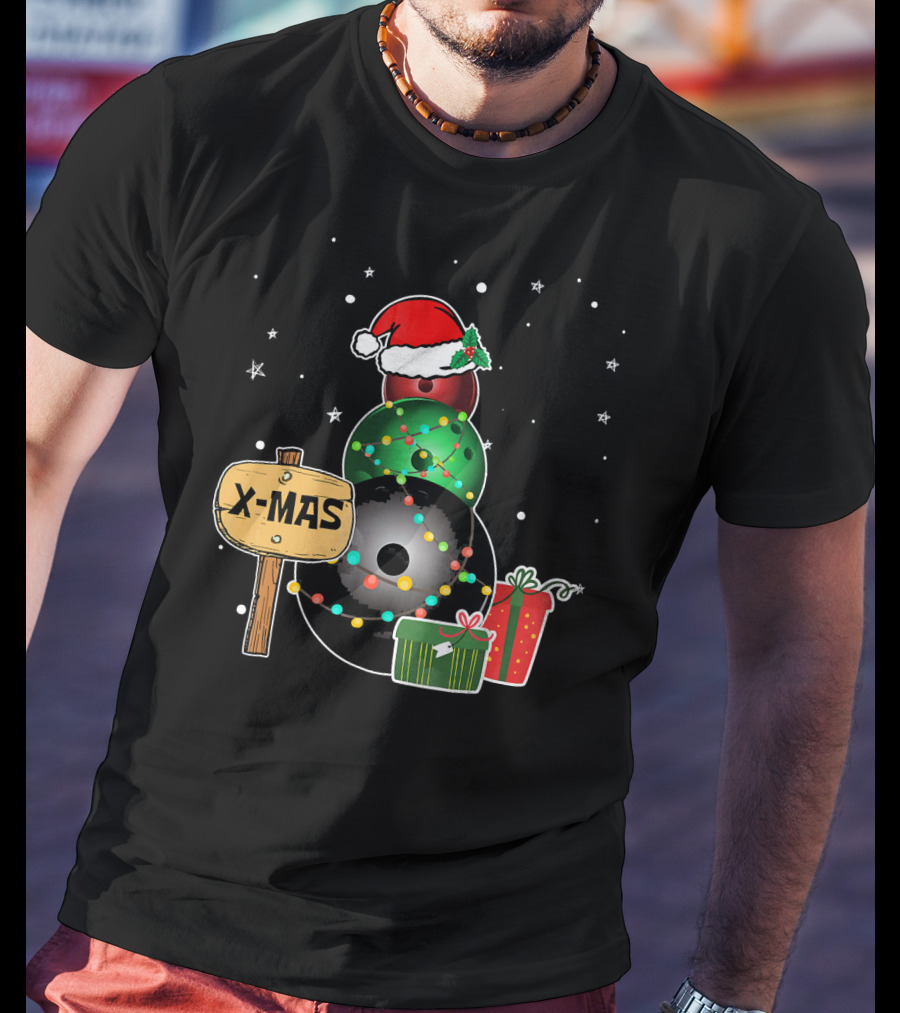 Bowling Snowman Xmas Presents With Santa Hat And Lights T-Shirt