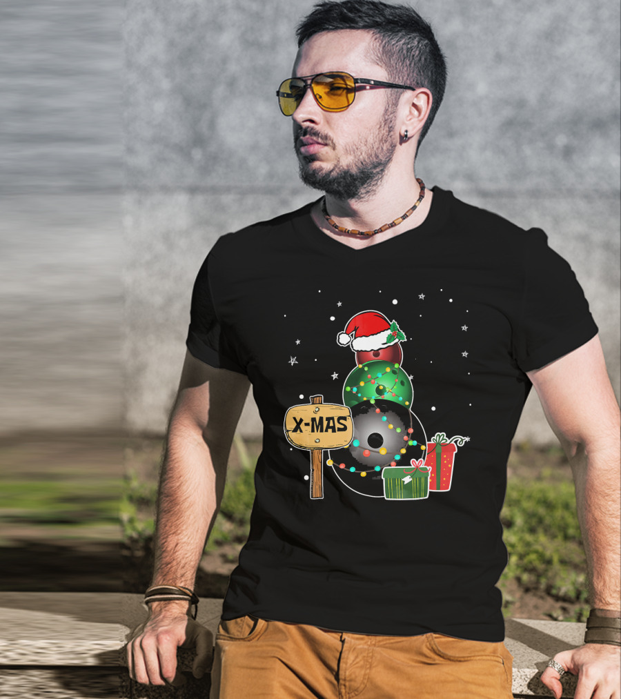Bowling Snowman Xmas Presents With Santa Hat And Lights T-Shirt