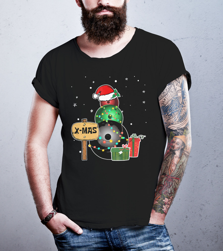 Bowling Snowman Xmas Presents With Santa Hat And Lights T-Shirt