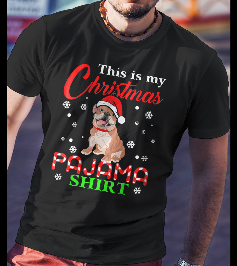 This Is My Christmas Pajama Shirt Dog Santa Hat Snowflakes T-Shirt