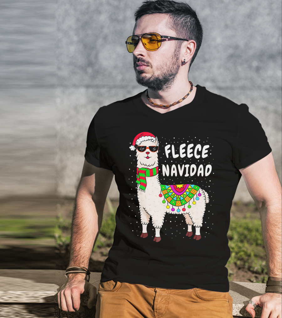 Fleece Navidad Christmas Llama Santa Hat Holiday T-Shirt