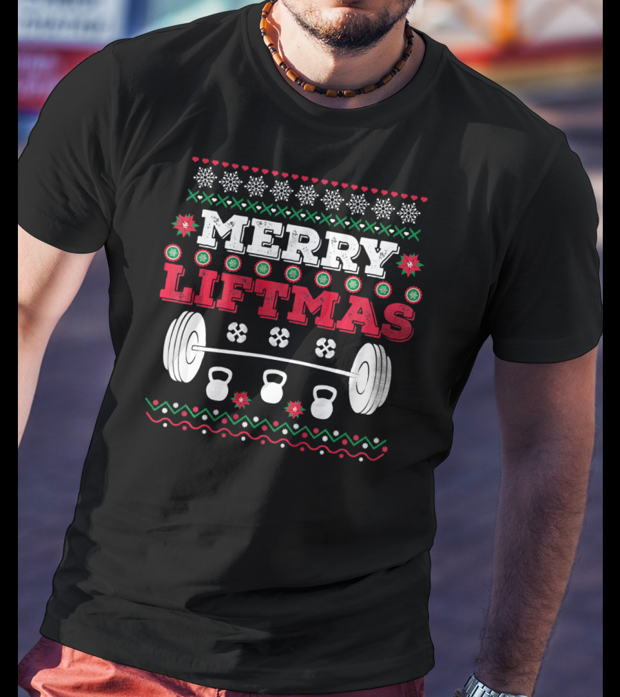 Merry Liftmas Funny Workout Barbell Kettlebell Christmas T-Shirt