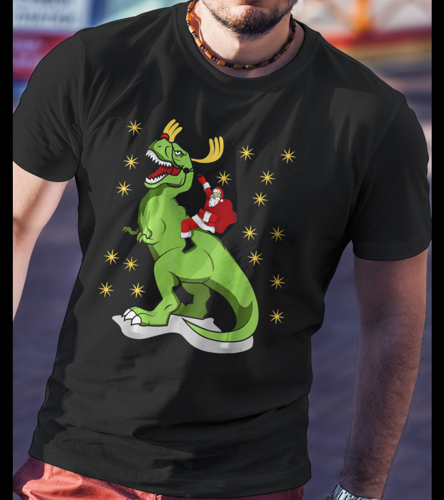 Santa Claus Riding Dinosaur With Reindeer Antlers And Stars T-Shirt